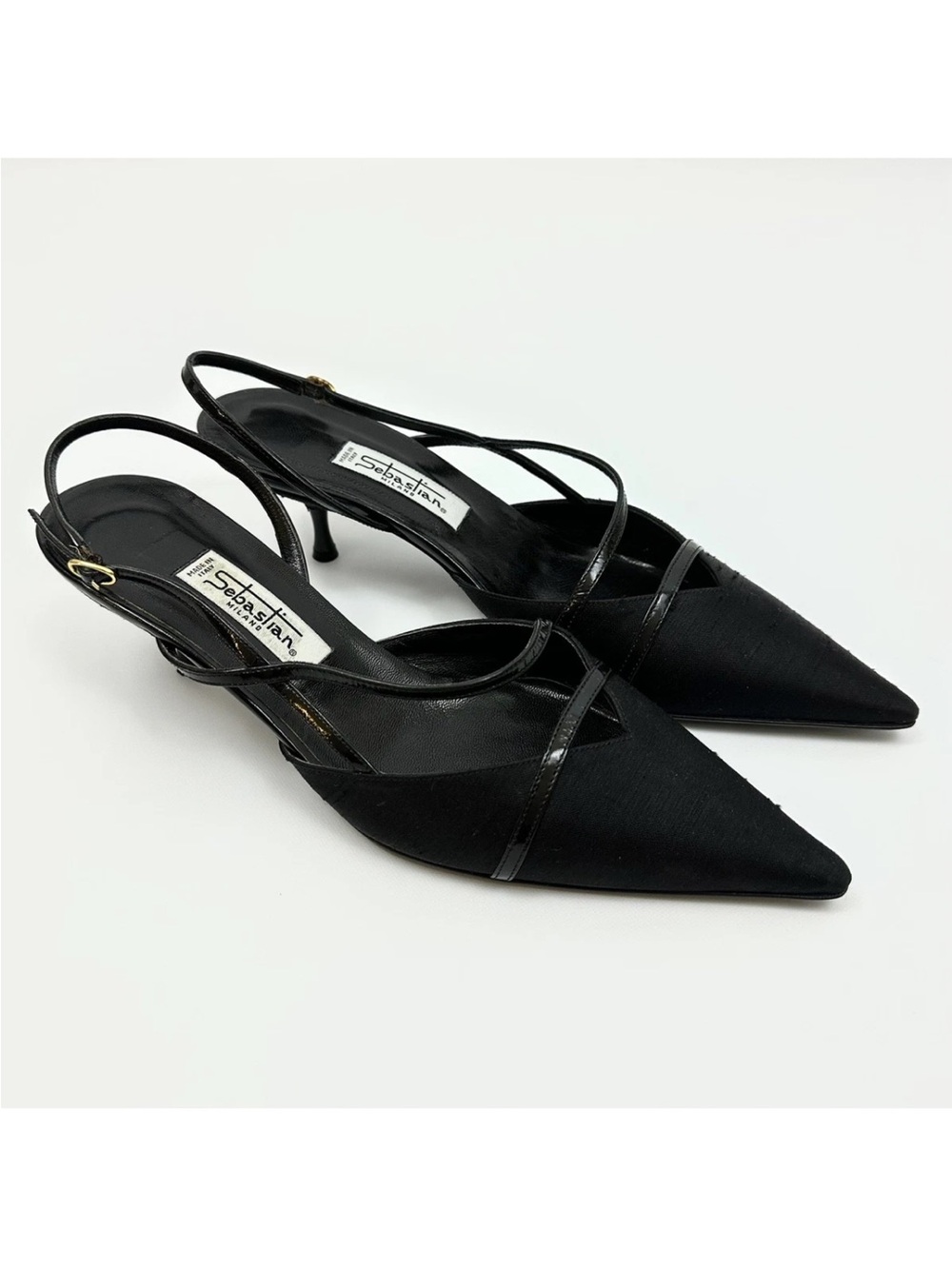 Vintage Sebastian Milano Black Satin Pointed Toe Slingback Kitten Heels 37.5